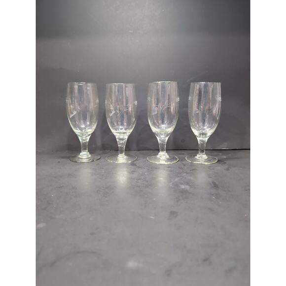 Footed Vintage Glass Juice Set, Floral Etched Blown Glass, UV Reactive, Set of 4 - Picture 2 of 10
